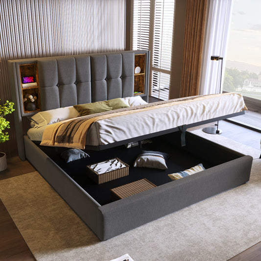 Double Bed With Wireless Charging USB C, Upholstered Bed Bed Frame 160x200cm, Bed Frame With Storage Slatted Frame Made Of Wood-grey Cotton  Without Mattress