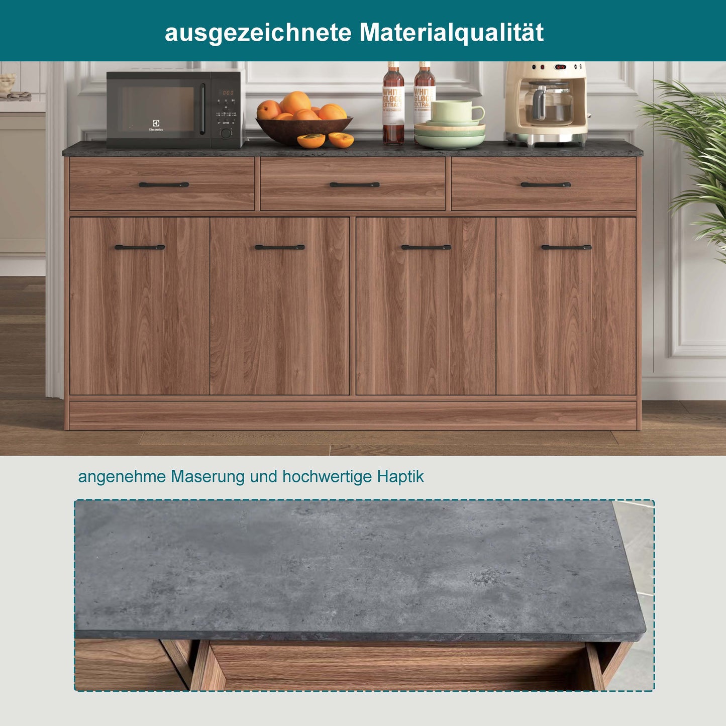Kitchen Cabinet Sideboard With 3 Drawers & Adjustable Shelves, 160cm Kitchen Island With Concrete Look Worktop, Walnut Look, 76.5x160x37cm