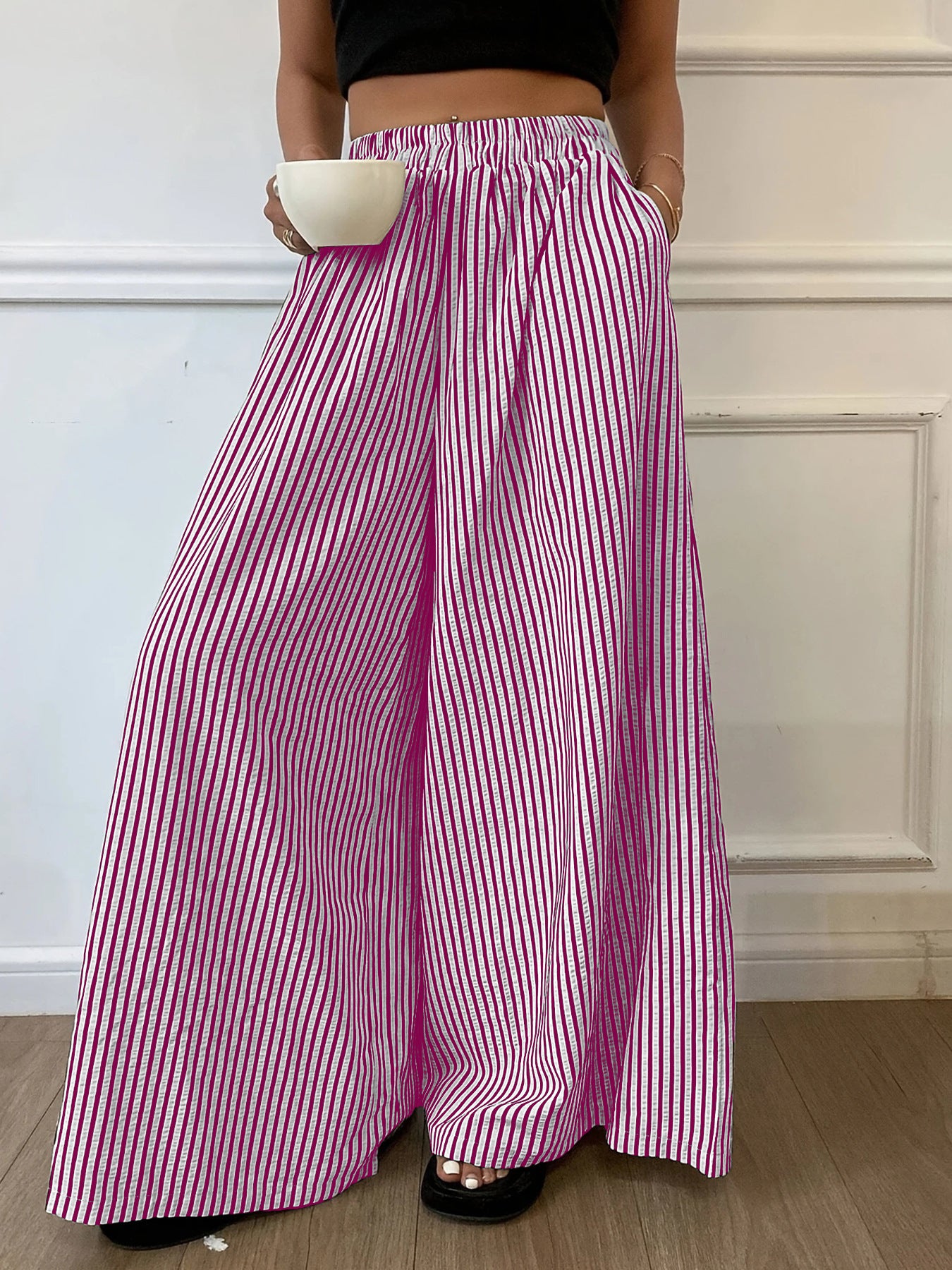 Spring Summer New Casual Versatile Striped Trousers With An Elastic Waist