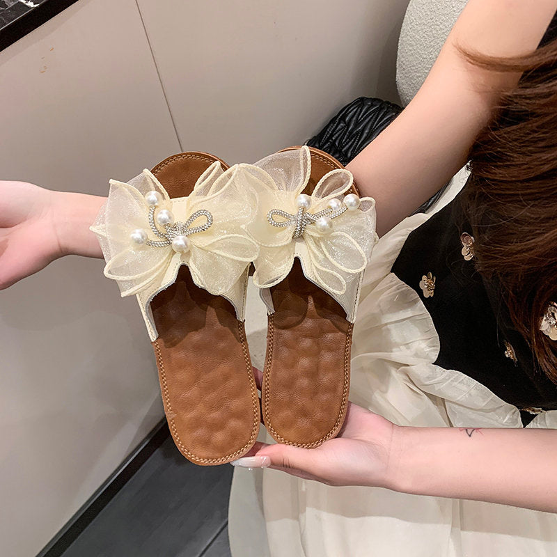 Women Pearl Bow Decor Flat One Strap Slide Sandals, 2026 New Summer Casual Beach Fashion Footwear