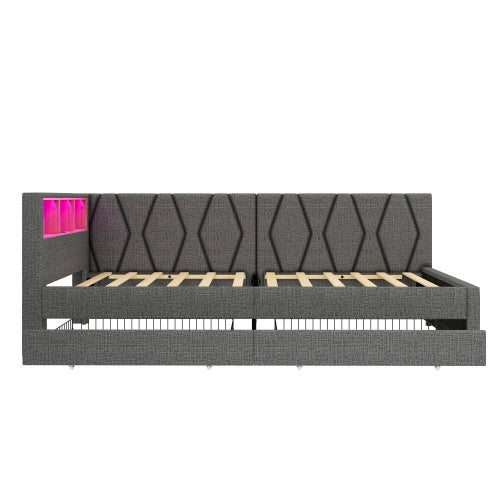 3ft Single Daybed With Two Storage Drawers, LED Modern Bed Frame With Charging Station, Linen Sofa Bed For Living Room Bedroom Study Room, 90X190cm, Easy Assembly, Grey