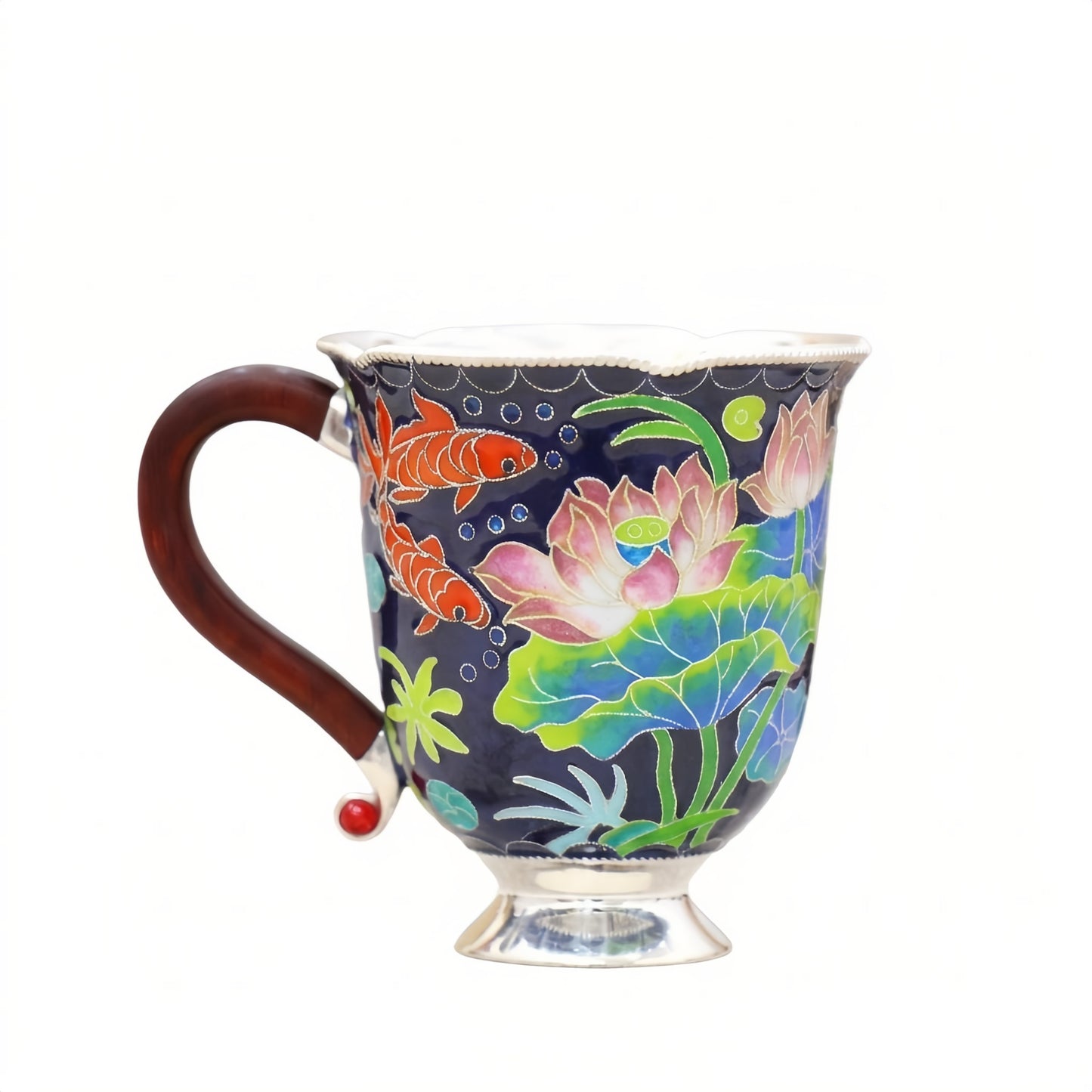 925 Sterling Silver Exquisite Handcrafted Cloisonné Enamel Lotus and Koi Fish Silver-Toned Tea Cup - Handicraft