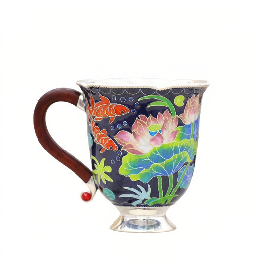 925 Sterling Silver Exquisite Handcrafted Cloisonné Enamel Lotus and Koi Fish Silver-Toned Tea Cup - Handicraft