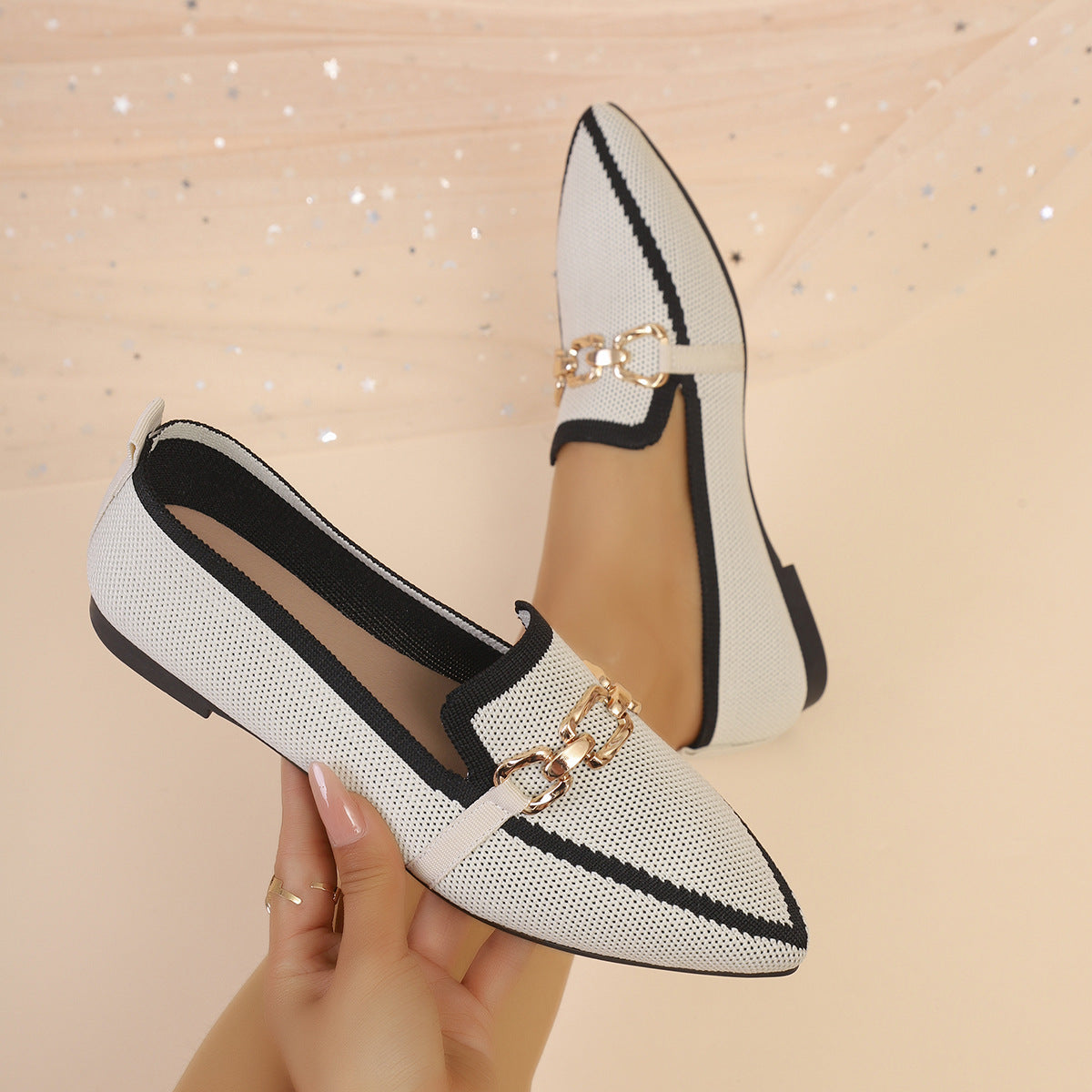 Foreign Trade Flat-soled Chain-buckle Pumps Pointed-toe Soft-soled Loafers For Outdoor Wear