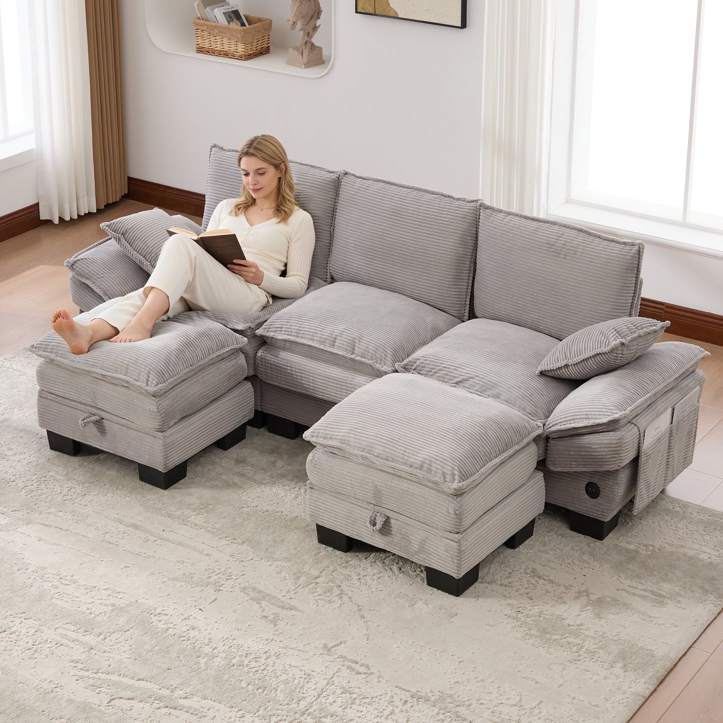 Modular 3-seater Corduroy Sofa  With 2 Stools Wide Seat, Ergonomic Design, High-density Foam Padding, USB-C Port And Side Pockets.Ideal For Living Room, Office Or Lounge.Light Grey