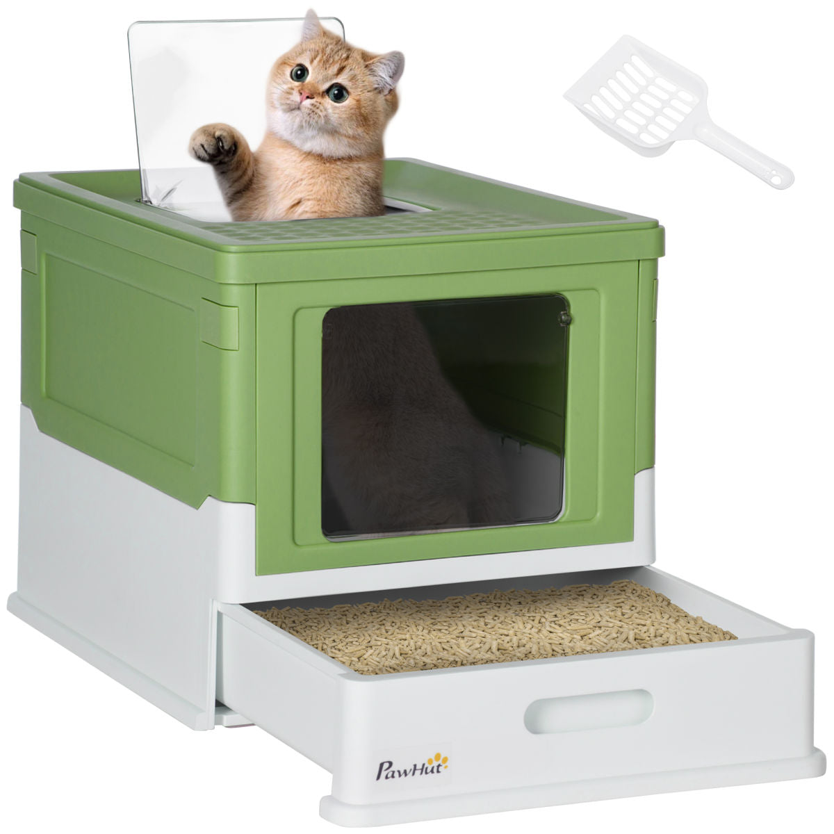 PawHut Hooded Cat Litter Box, Portable Pet Toilet, With Scoop, Front Entry - Light Green