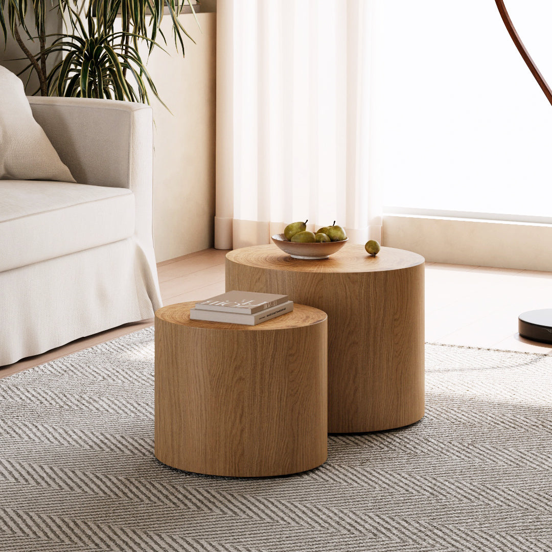 Nesting Coffee Table Set Of 2, Modern Round Coffee Table, Wooden Circle Accent Tables For Small Spaces Living Room Bedroom Balcony Office Drum Side Table, Natural Wood With Real Tree Ring