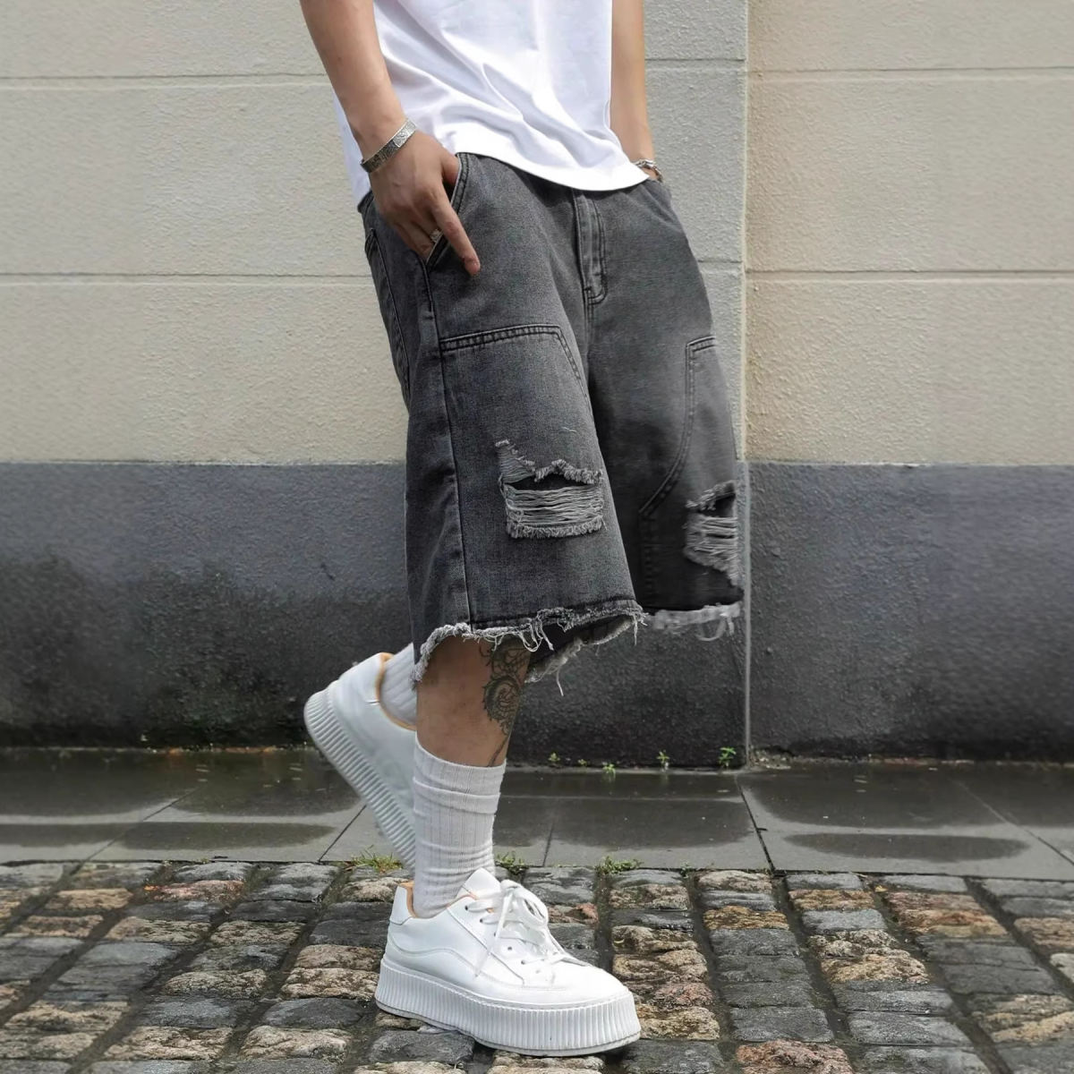 Mens Denim Shorts Straight-leg Relaxed Fit Versatile Korean Style