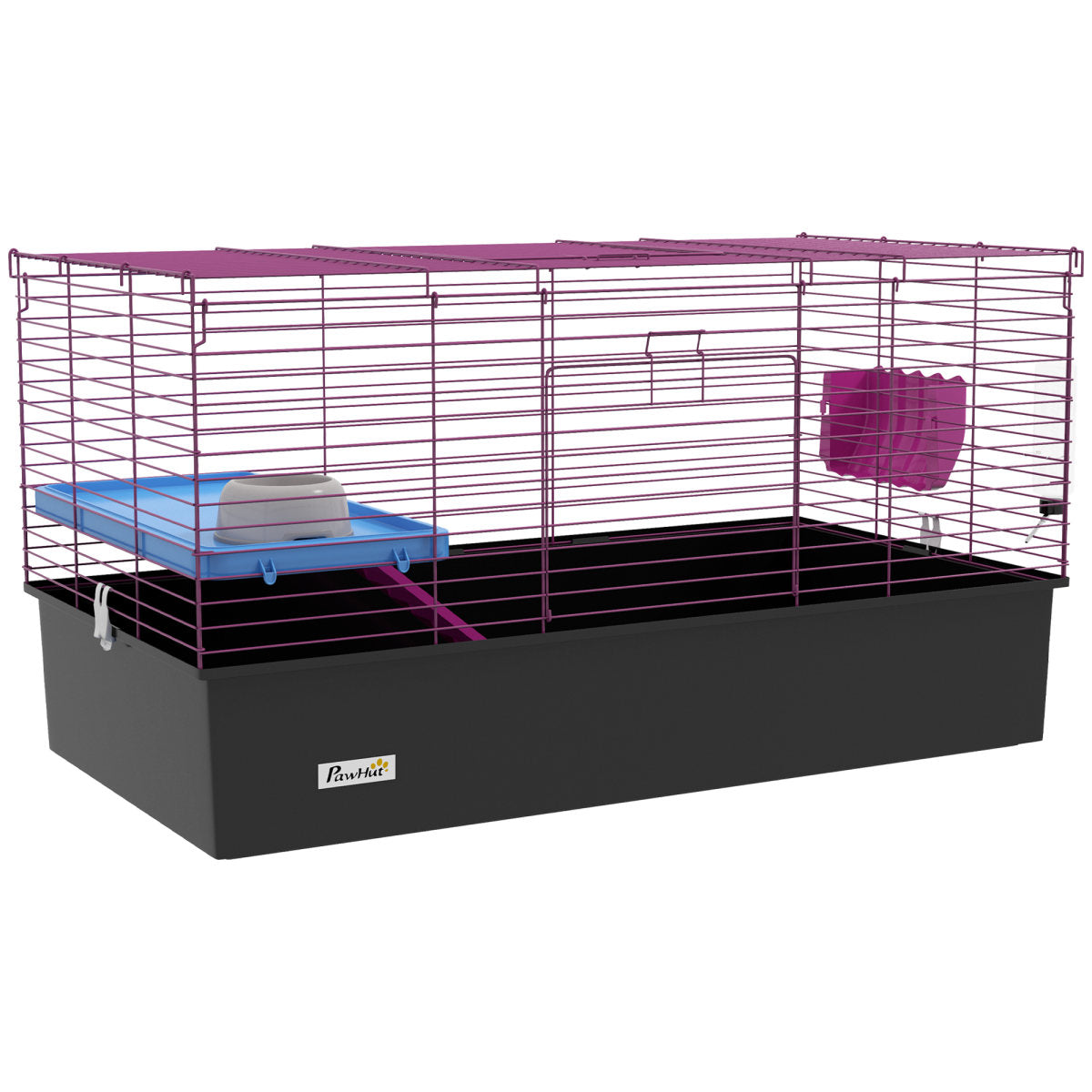PawHut Chinchillas Small Rabbit Guinea Pig Small Animal Cage, Pet Playhouse, With Platform, Ramp, 99 X 52 X 53cm, Black