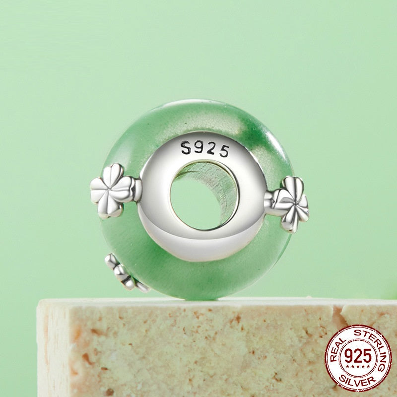 Bead Accessories 925 Silver Green Four-leaf Clover Glass Beads