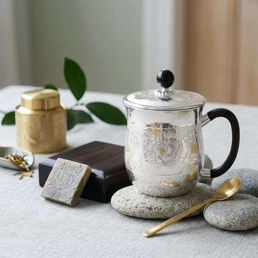 925 Sterling Silver Elegant Handcrafted Silver Tea Cup with Intricate Floral Engravings and Lid - Handicraft