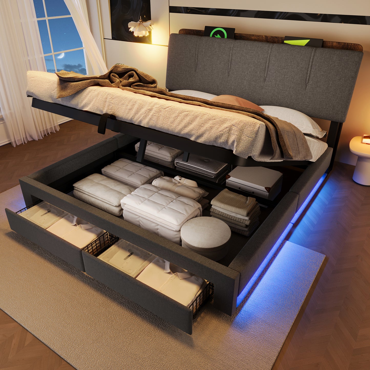Upholstered Bed , 140x200 Cm, Hydraulic Storage, With USB Type-C Charging Function,Without Mattress,Multifunctional Storage, LED Lighting, Push-button Appdien, Linen, Grey