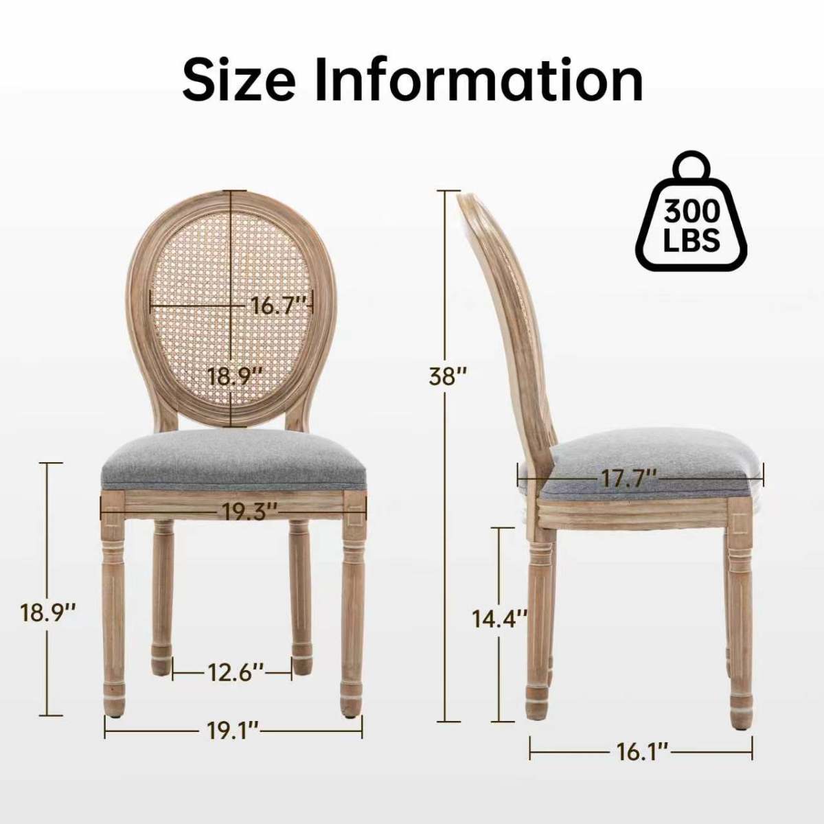 Farmhouse Solid Wood Frame Dining Chairs with Cushioned Linen Seat & Woven Rattan Backrest for Kitchen, Dining Room, Living Room, Grey, Set of 2