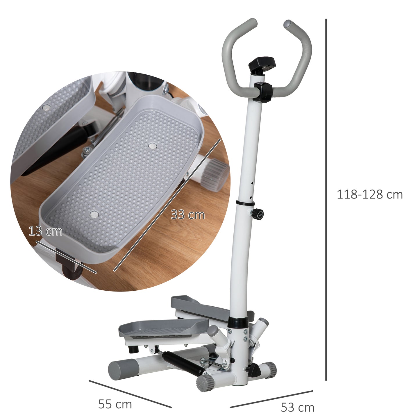 Adjustable Twist Stepper Aerobic Ab Exercise Fitness Workout Machine W/ LCD Screen, Height Adjust Handlebars For Home Gym, White And Grey
