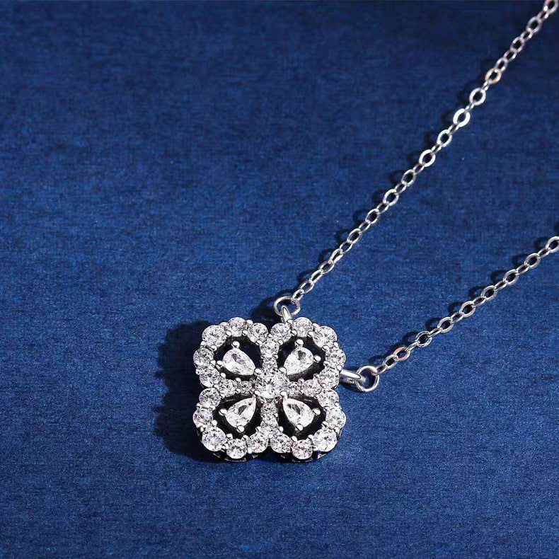 S925 Sterling Silver Four-Leaf Clover Pendant Necklace For Women, Korean Style Full Paved Zircon Clavicle Chain, Luxury Unique Jewelry