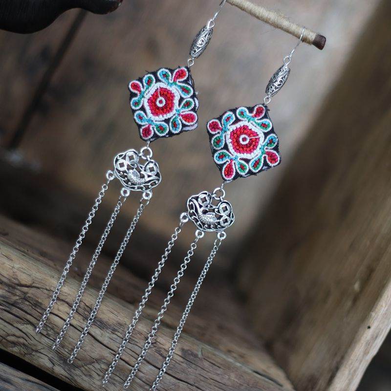Long Embroidered Performance And Dance Accessories Embroidered Drop Earrings
