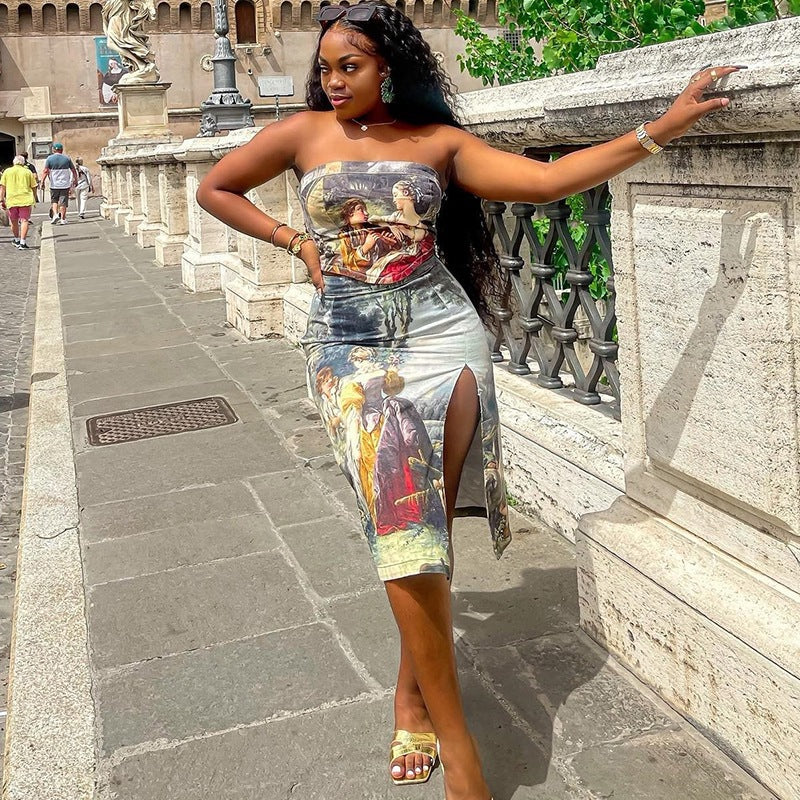 Fashionable Printed Backless Skirt With Half-Length Body-Hugging Fit And Side Slit For Women