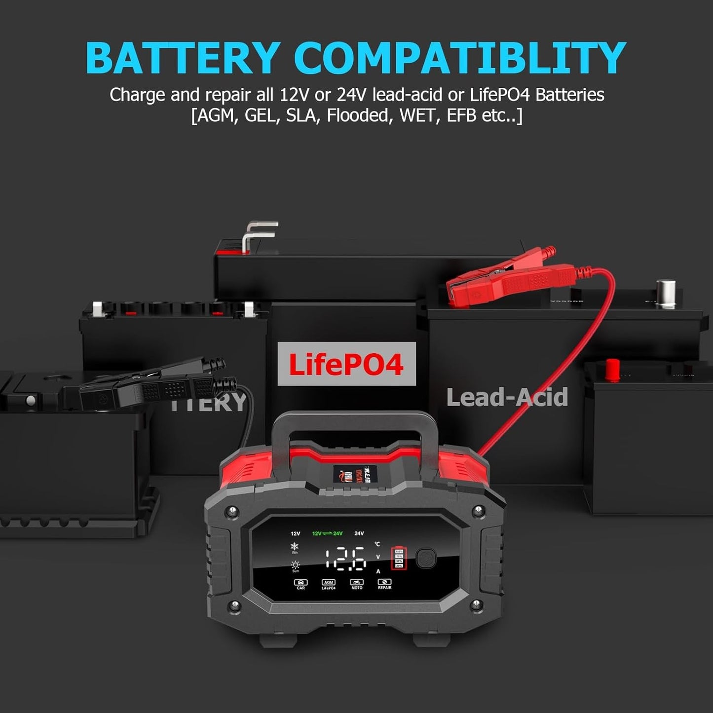 20A 12V 24V 20 Amp Car Battery Smart Charger For Lead Acid LiFePo4 AGM Battery