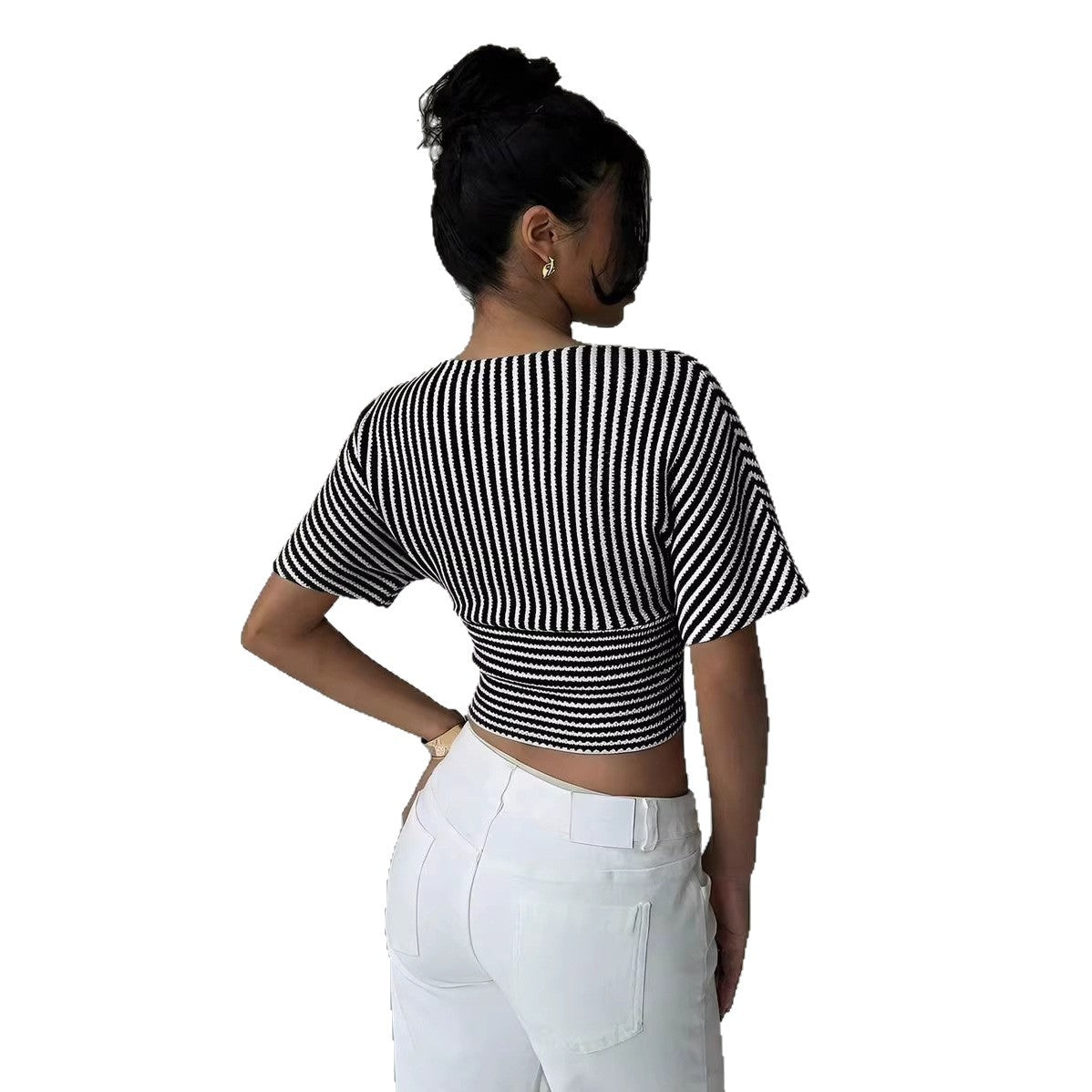 V-neck Knitted Fashion Casual Womens Striped
