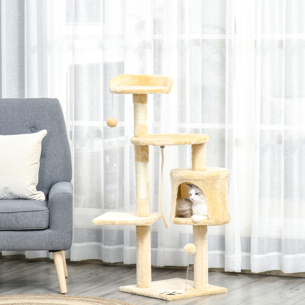 PawHut Cat Tree For Indoor Cats Pet Activity Centre Kitty Condo Climbing Scratching Post With Toys 4-tier 114cm Tall Beige