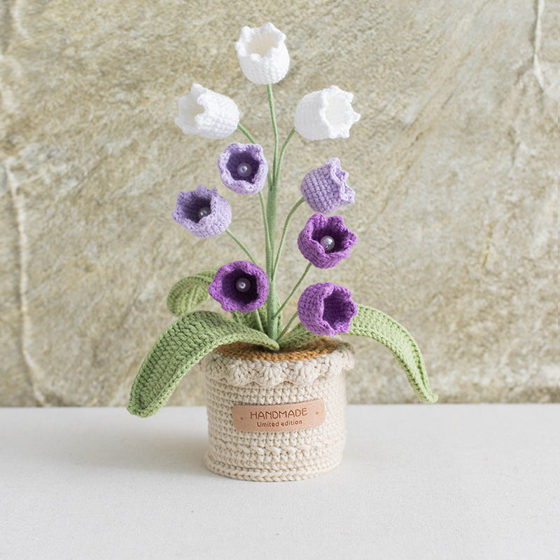 Hand Crocheted Lily Of The Valley Artificial Flowers  Potted Arrangement Decor For Indoor Table Living Room Bedroom