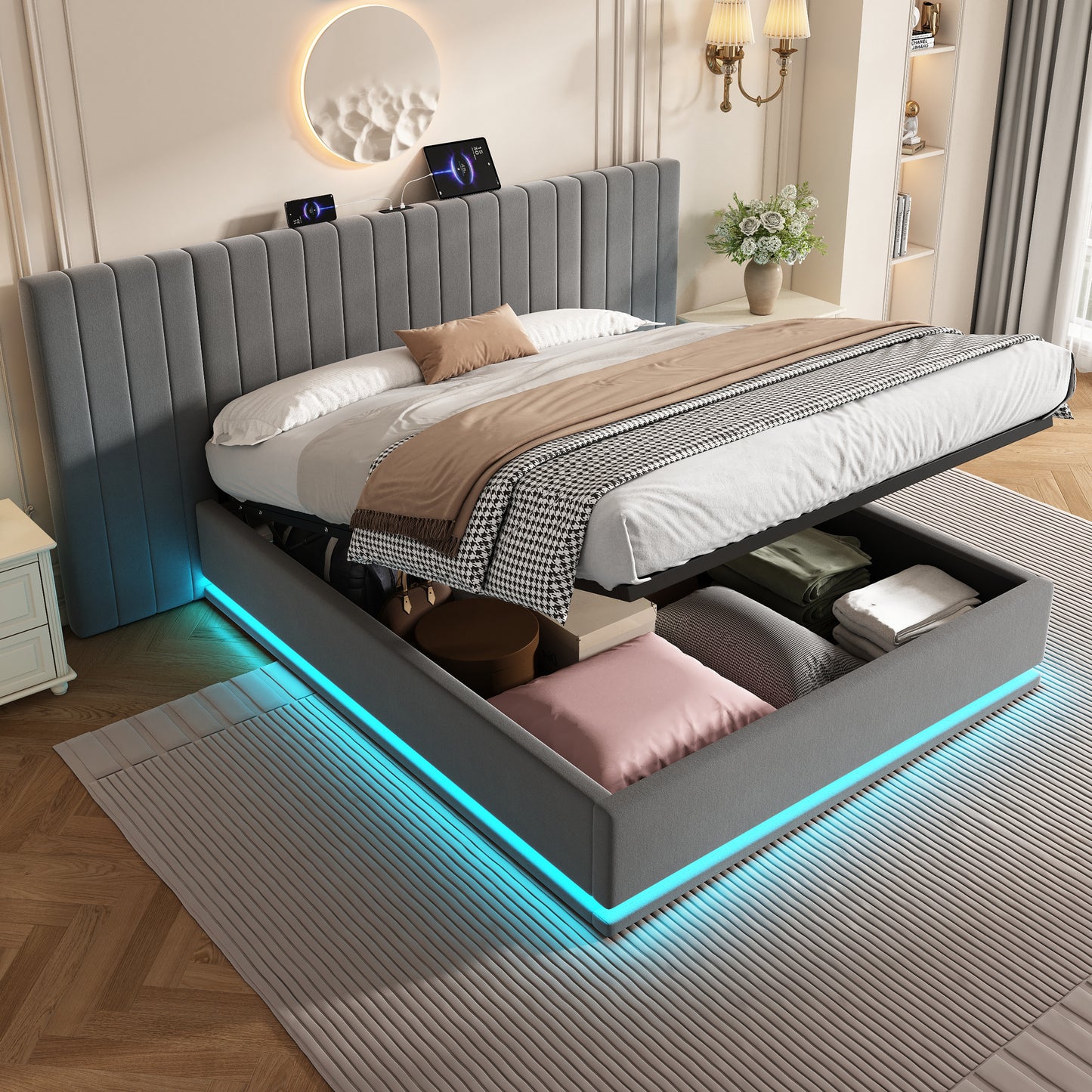 King Ottoman Bed With LED Lighting, Velvet Hydraulic Storage Bed With Charging Station, 5ft King Bed Frame Channel Tufted With Wide Headboard, USB And Type - C Ports, Grey No Mattress