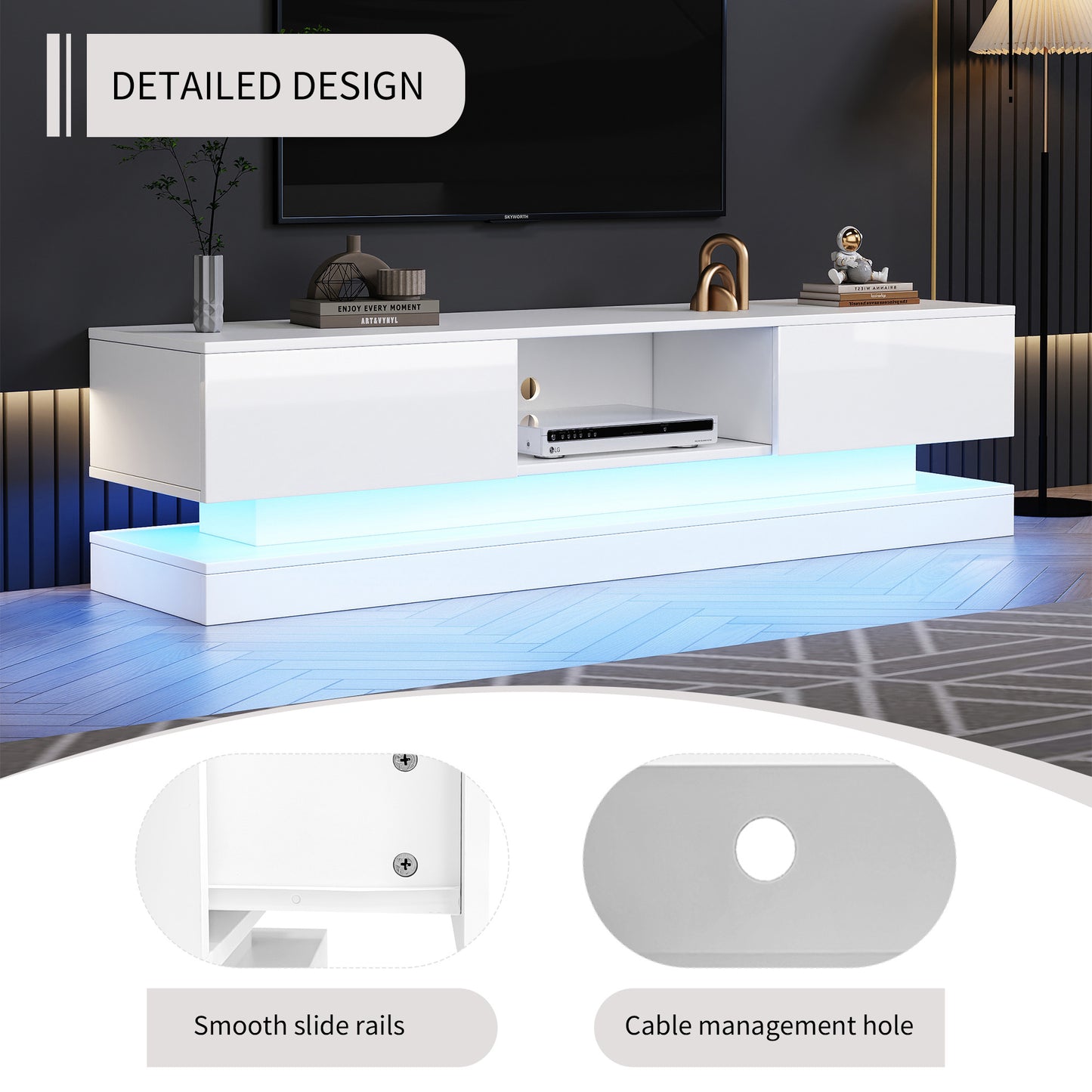 160x35x40.5cm White High Gloss TV Cabinet With LED Lighting, 2 Drawers, App Control, Anti-Tilt Design, For 60 Inch TV,tv Board,tv Lowboard