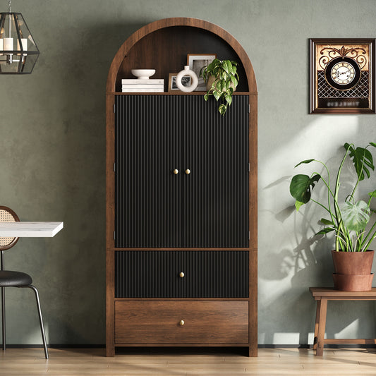 Arched Cabinet 180X80X40cm, Kitchen Cabinet, Display Cabinet, Wine Cabinet With Door Shelves, Open Top Compartment And 2 Drawers, For Kitchen, Dining Room, Living Room, Bedroom, Walnut Look
