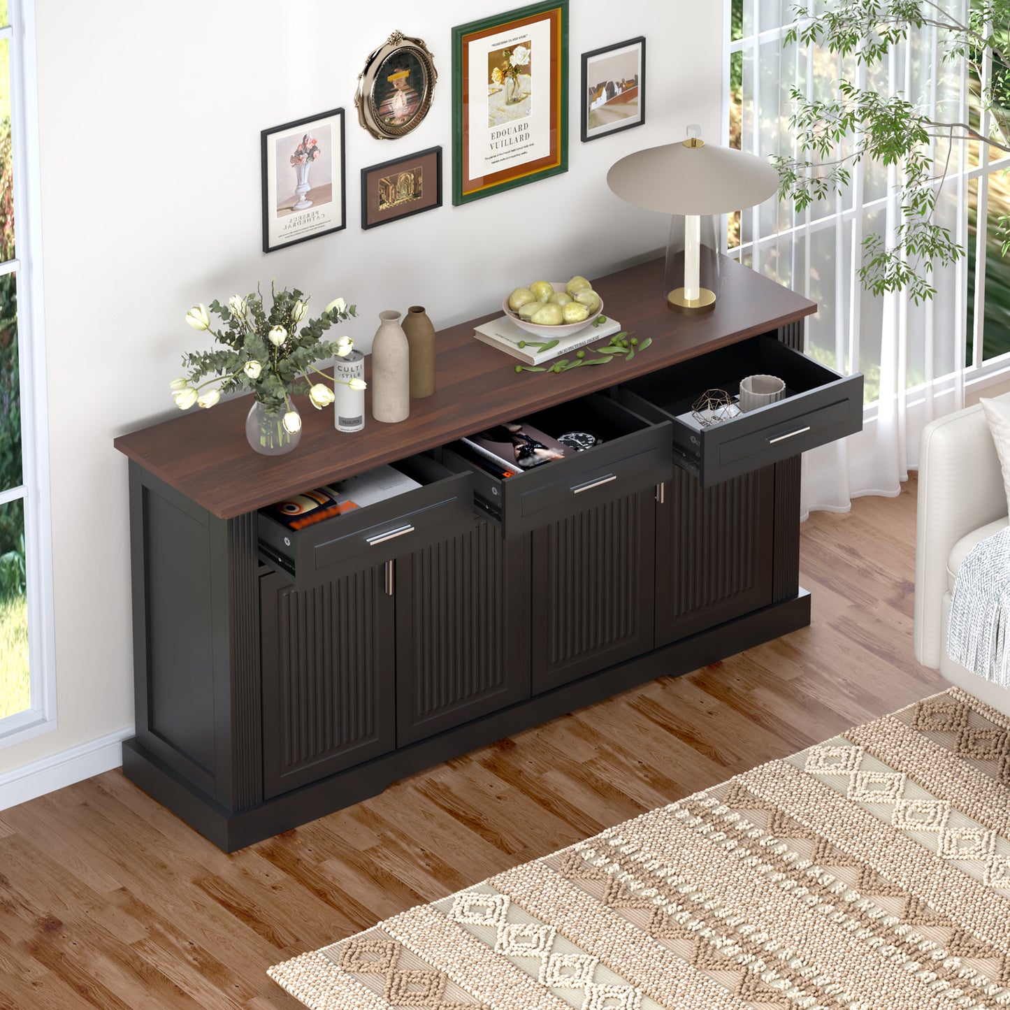 63  Fluted Sideboard Buffet Cabinet With Storage, Modern Coffee Bar Station With 4 Doors And 3 Drawers, Wood Kitchen Storage Console Table For Living Room Dining Room Entryway, Black