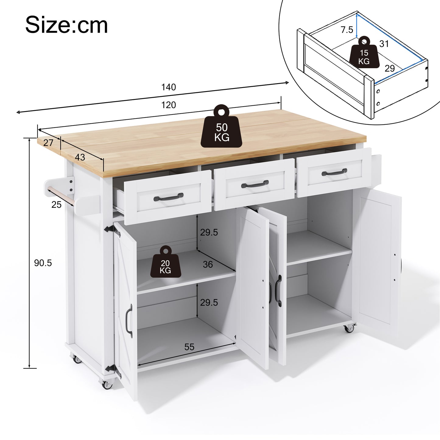 Kitchen Island With Folding Worktop, Equipped With 5 Lockable Castors, 4 Doors, 3 Drawers, Double-sided Towel Rails, Barn Style Design, White, 140x43 X90.5 Cm.