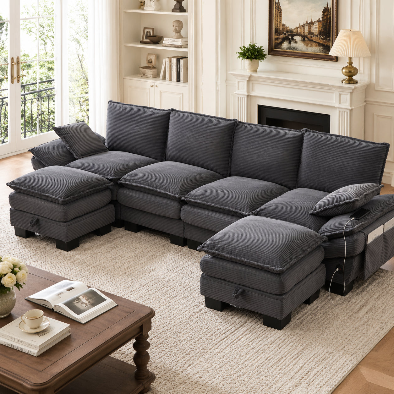 Modular 4-seater Corduroy Sofa  With 2 Stools Wide Seat, Ergonomic Design, High-density Foam Padding, USB-C Port And Side Pockets.Ideal For Living Room, Office Or Lounge.DarkGray