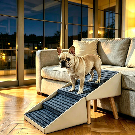 2-in-1 Dog Stairs for Bed and Couch 18.89" Foldable Dog Ramp for Couch 4 Pet Steps  & Ottoman for Small Dogs, Beige