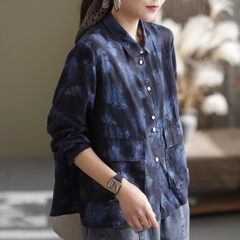 New Vintage Ramie Floral Long-sleeve Shirt