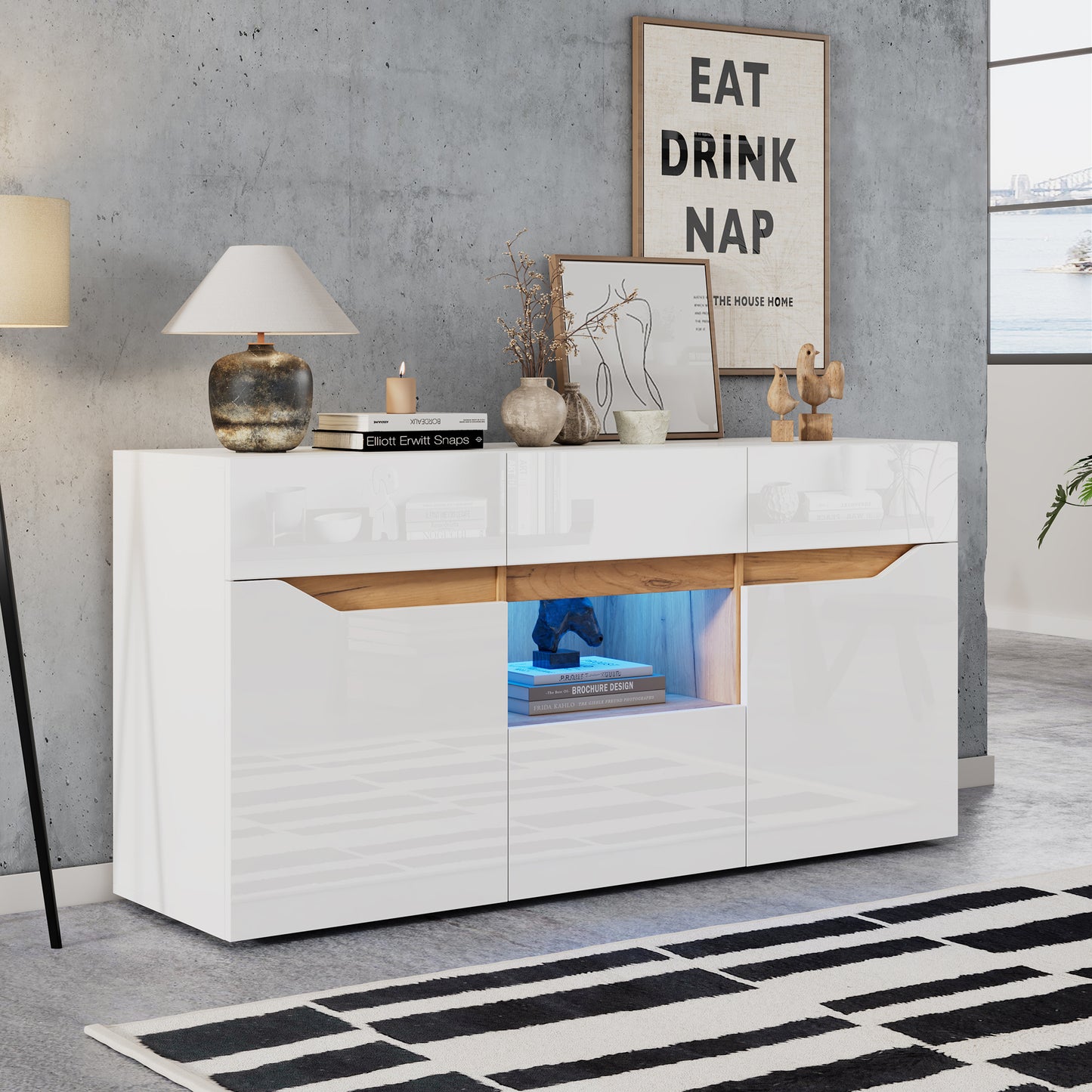 140x40x70 Cm Living Room Sideboard  4 Drawers, Two Compartments, Wide Handle-Free Design, Versatile Use, High-Gloss Unit With LED Lighting White & Wood Finish