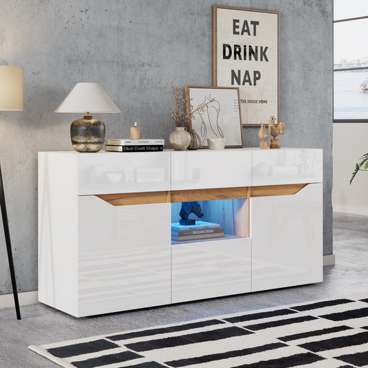 140x40x70 Cm Living Room Sideboard  4 Drawers, Two Compartments, Wide Handle-Free Design, Versatile Use, High-Gloss Unit With LED Lighting White & Wood Finish