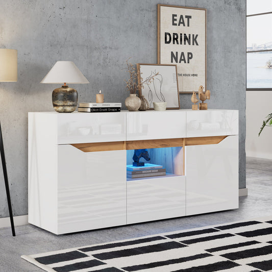 140x40x70 Cm Living Room Sideboard  4 Drawers, Two Compartments, Wide Handle-Free Design, Versatile Use, High-Gloss Unit With LED Lighting White & Wood Finish