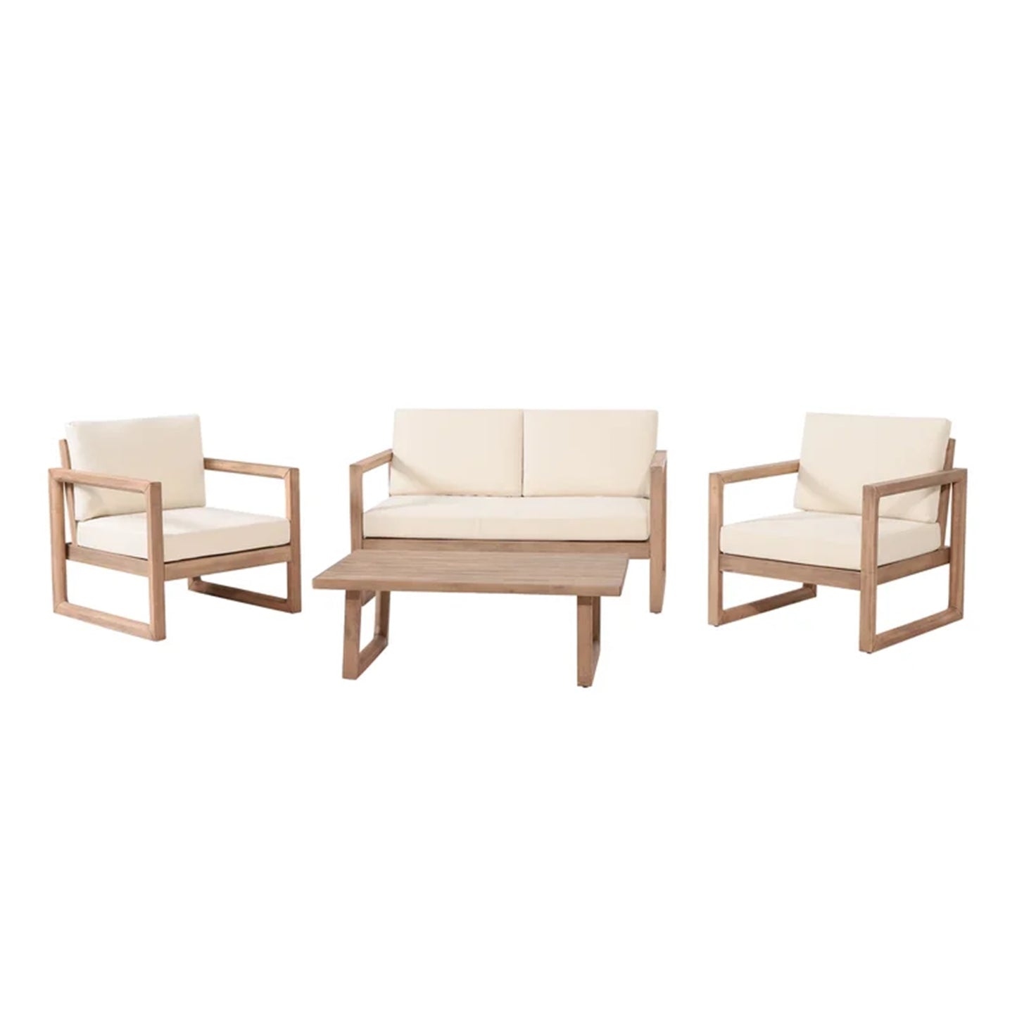 4-Pieces Acacia Wood Patio Furniture Set, Outdoor Furniture With Coffee Table, Patio Conversation Set Deep Seating With Soft Cushion, Porch Chairs For Porch Balcony, Brown Wash, Beige