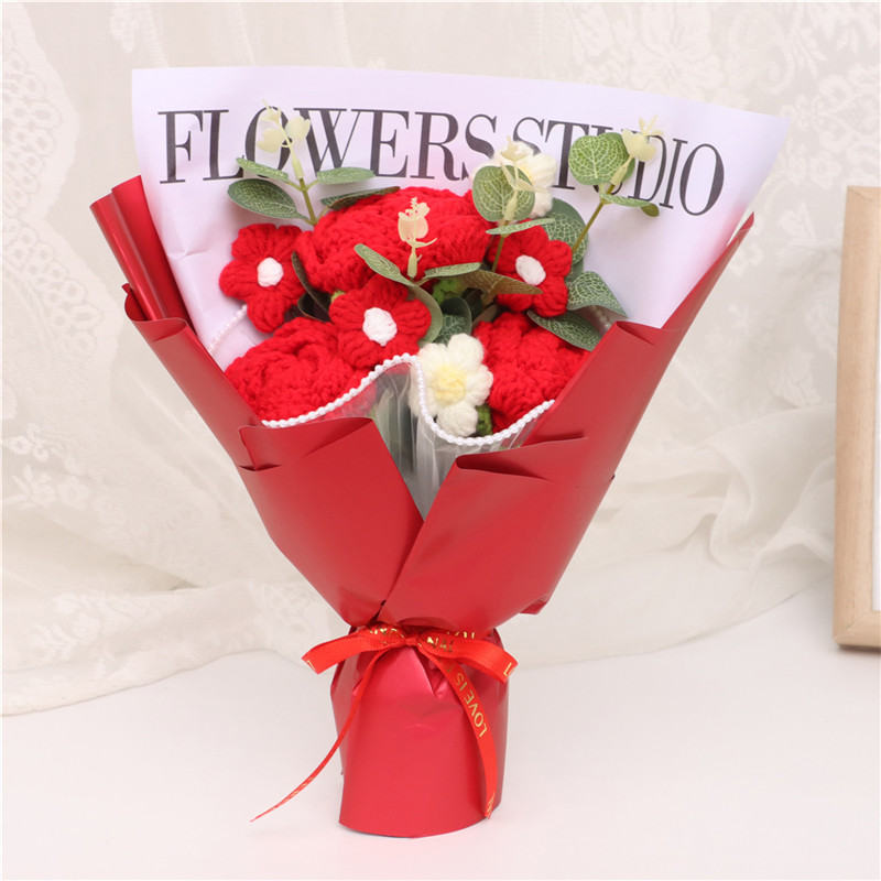 Handmade Crochet Red Rose Mixed Flower Bouquet, Knitted Everlasting Yarn Artificial Flowers, Red Wrapped Floral Arrangement Gift For Valentine's Day, Anniversary, Birthday, Wedding & Home Decor