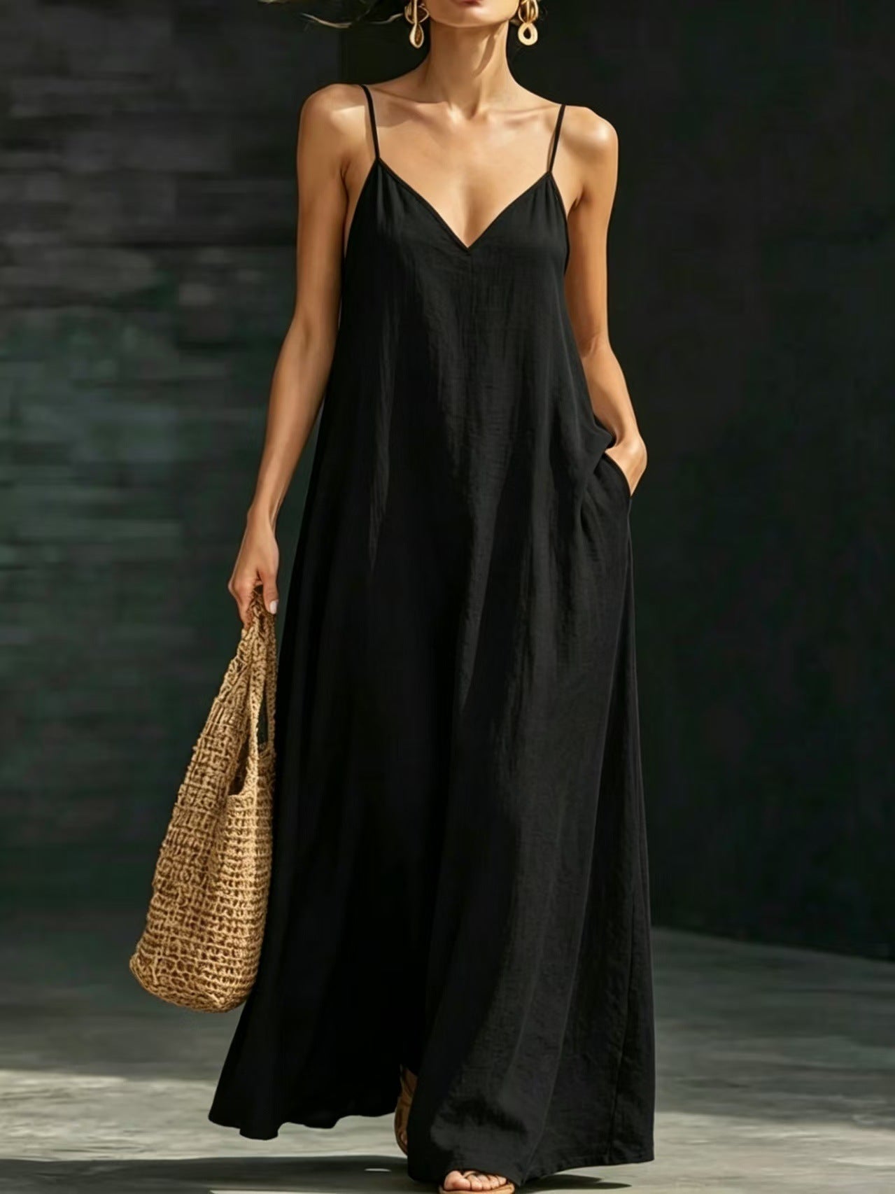 Summer V-Neck Spaghetti Strap Flowy Maxi Dress - Casual Fashion Solid Color Long Dress For Women Vaction Dress