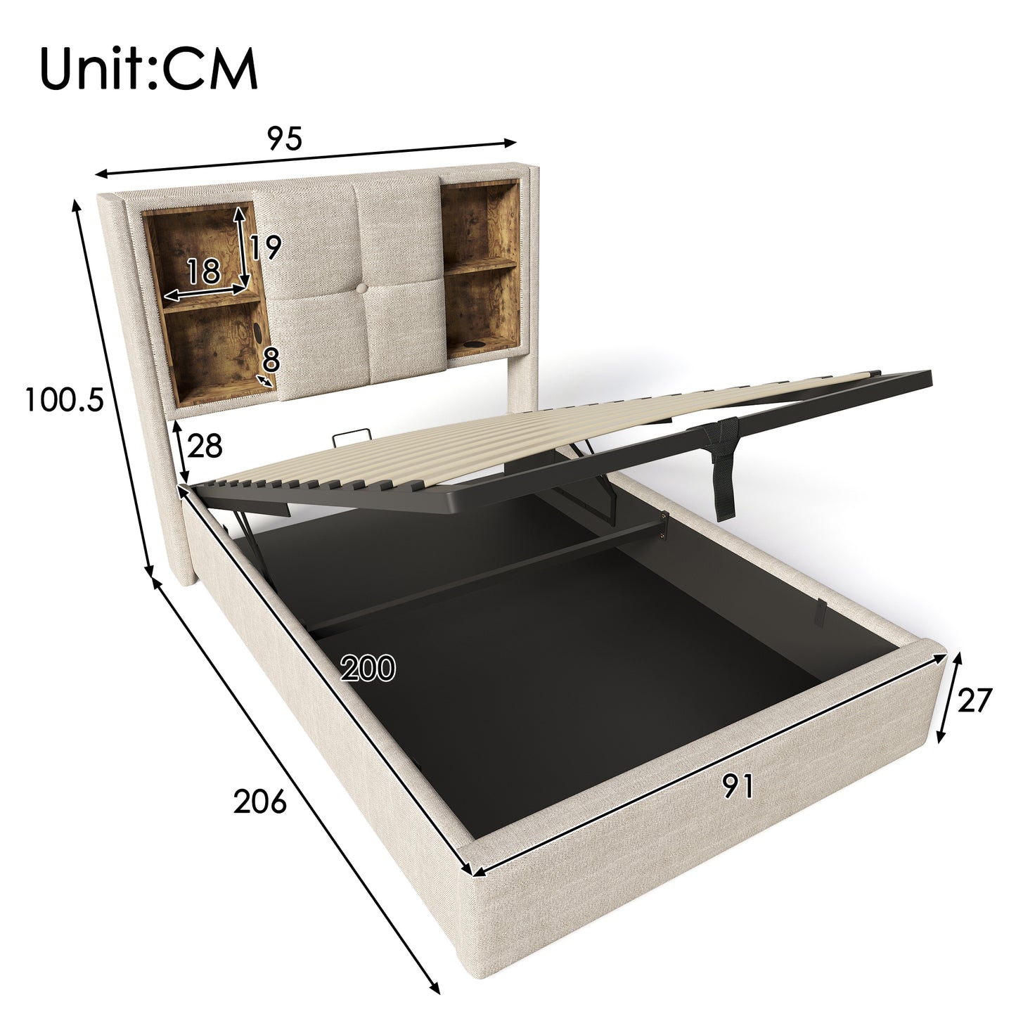 Single Bed With Wireless Charging USB C, Upholstered Bed Bed Frame 90x200cm, Bed Frame With Storage Slatted Base Made Of Wood-natural Linen  With Mattress