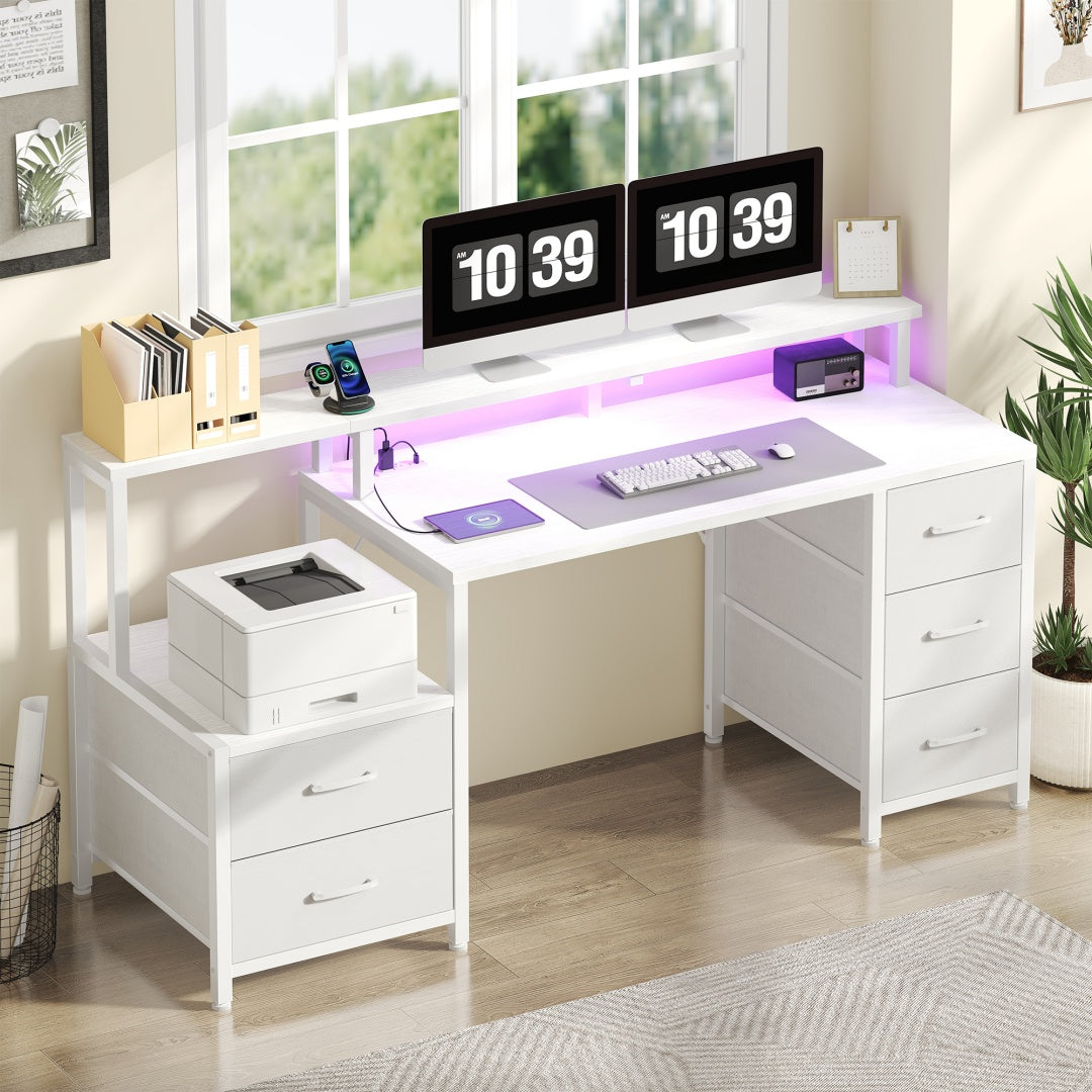 67-inch Computer Desk, Equipped With 5 Drawers And A Monitor Stand. The Gaming Table Comes With LED Lights And Power Sockets. The Printer Cabinet.