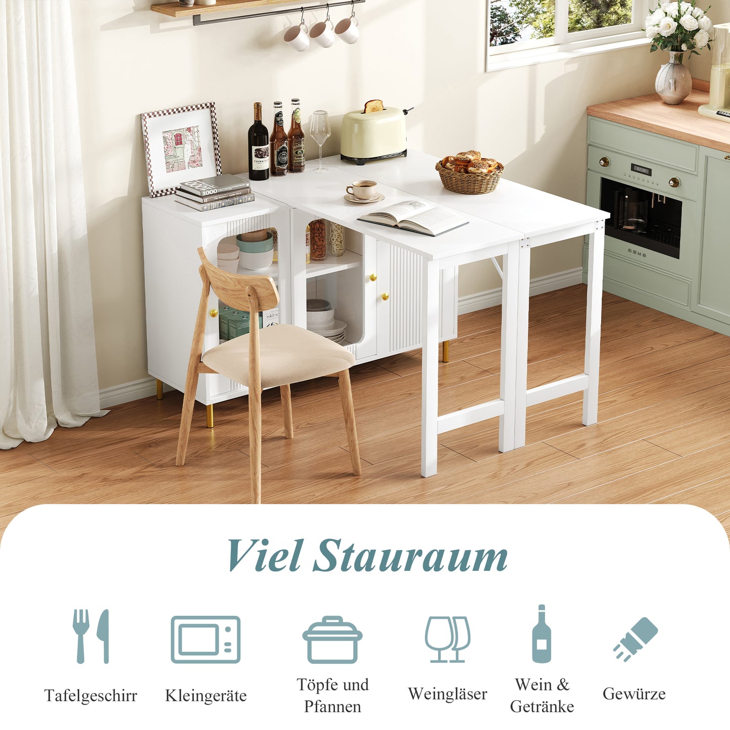 Modern White Buffet Sideboard With Folding & Extendable Table Top, Swivel Surface, Golden Metal Legs, Sliding Glass Doors & Wave Pattern - Perfect For Dining Room & Kitchen