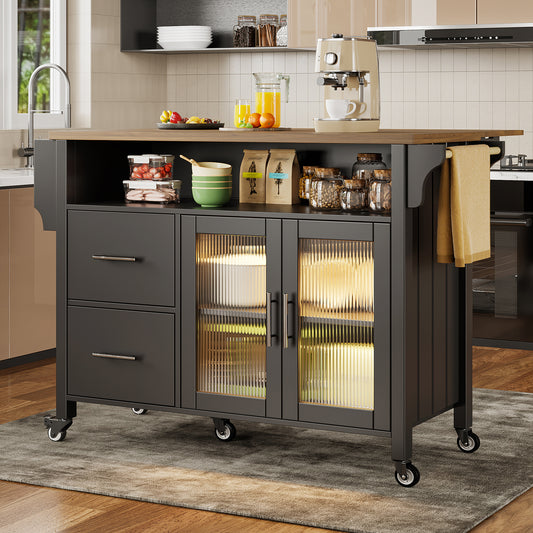 Kitchen Island With Removable Dividers, Dining Trolley With Worktop, Buffet Cabinet, Dining Trolley With Glass Display Case In Wood Grain, LED Lights, Side Towel Rail With Wheels, Black