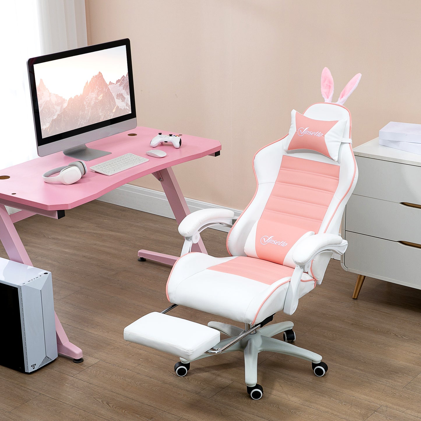 Vinsetto Racing Gaming Chair, Reclining PU Leather Computer Chair With Removable Rabbit Ears, Footrest, Headrest And Lumber Support, Pink