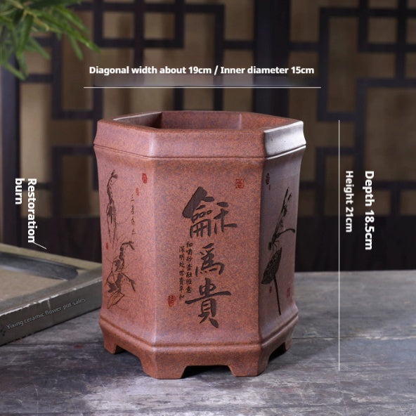 Harmony-Valued Bamboo-Section Hexagonal Purple Clay Flower Pot For The Desk