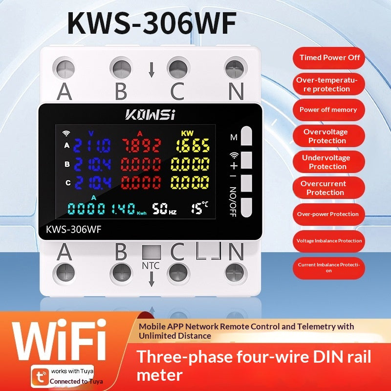 Smart WiFi Three Phase Four Wire DIN Rail Energy Meter Multifunction Voltage Current Power Monitor