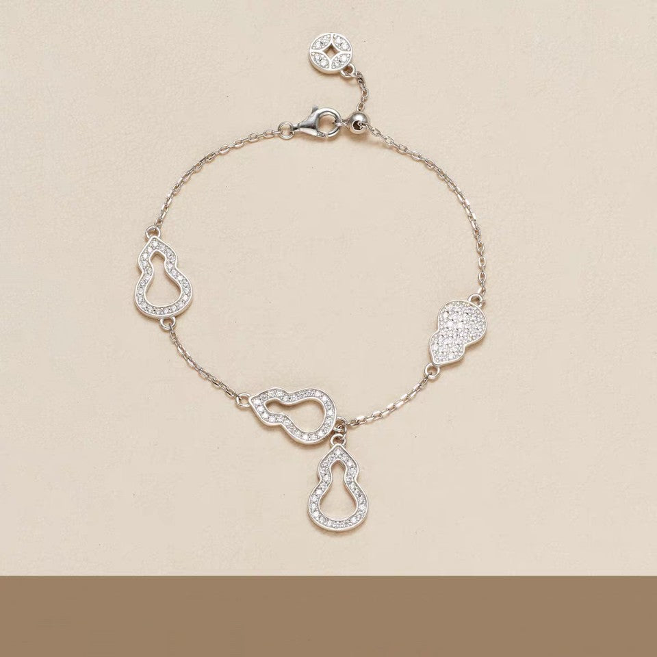 1pc 999 Sterling Silver Diamond Gourd Charm Bracelet, Chinese Style, Perfect For Daily Wear And Valentine's Gift