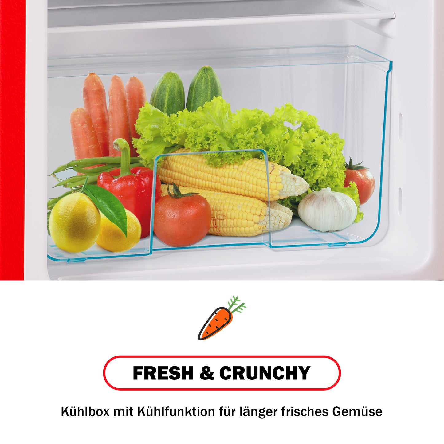 Retro Fridge. Freezer Combination. 88.8 Cm High, 45.5 Cm Wide, Two-door, With A Total Volume Of 60 Litres, A Freezer Volume Of 22 Litres. 102 KWh Year, -27 C  13 C, LED Light. Premium Red Energy Clas