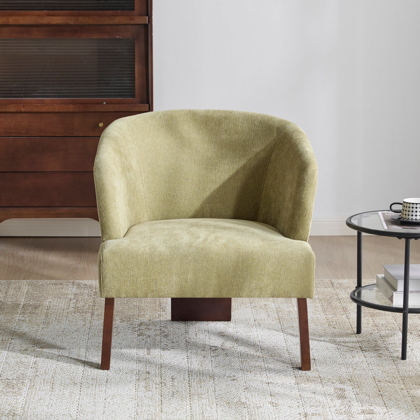 Modern Accent Chair With Round Back & Wooden Legs - Mid-Century Inspired Lounge Chair For Living Room, Bedroom, Or Office - Soft Fabric Upholstery