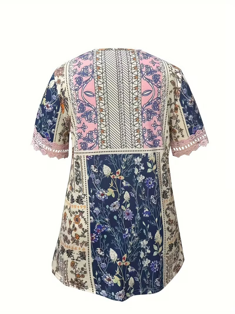 Women's Elegant Floral Print Contrast Lace Trim Round Neck T-Shirt - Lightweight Breathable Short Sleeve Casual Top For Spring Summer Fall, Machine Washable, Floral Print Blouse, Seasonal Fashion,